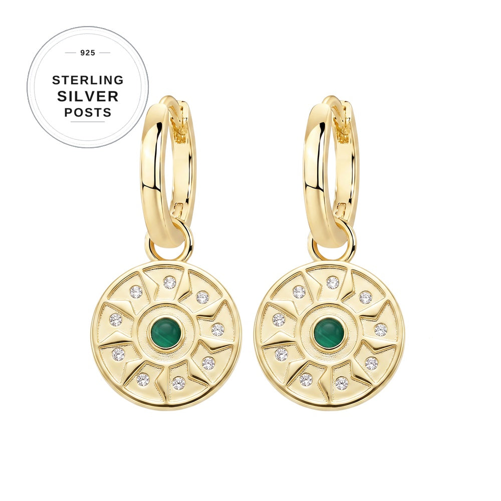 Premium Plated Brass CZ & Malachite Feature Disc Earrings