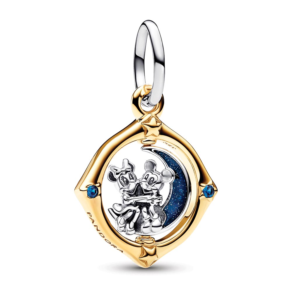 Disney Mickey and Minnie sterling silver and 14k gold-plated spinning dangle with true blue crystal and glittery blue enamel