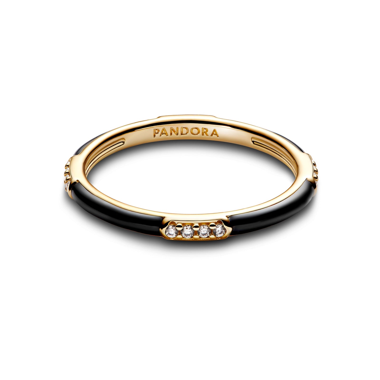 14k Gold-plated ring with clear cubic zirconia and black enamel
