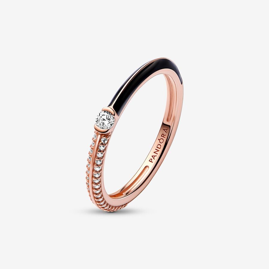 14k Rose gold-plated ring with clear cubic zirconia and black enamel
