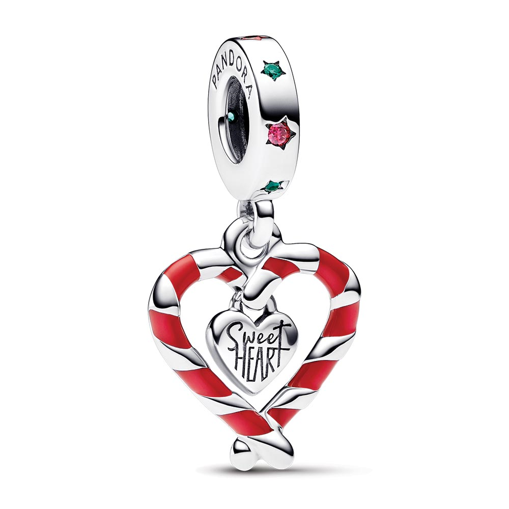 Candy cane sterling silver dangle with lake green crystal, red cubic zirconia and red enamel