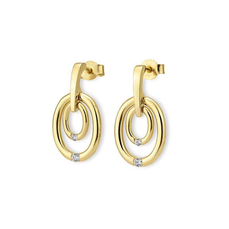 Diamond Double Circle Drop Earrings Set in Yellow Gold