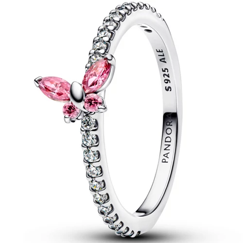 Butterfly sterling silver ring with fancy pink and clear cubic zirconia