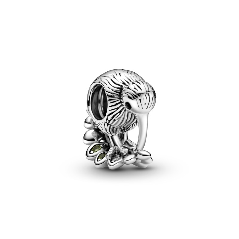 Kiwi &amp; Fern Leaf Silver Charm w Light Green Crystal &amp; CZ