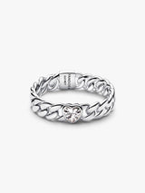 Heart cuban chain sterling silver ring with clear cubic zirconia