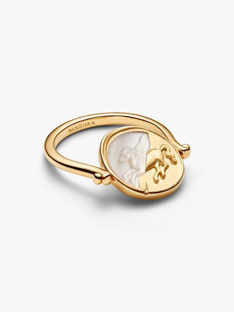 Pegasus 14k gold-plated spinnable ring with golden white bioresin man-made mother of pearl