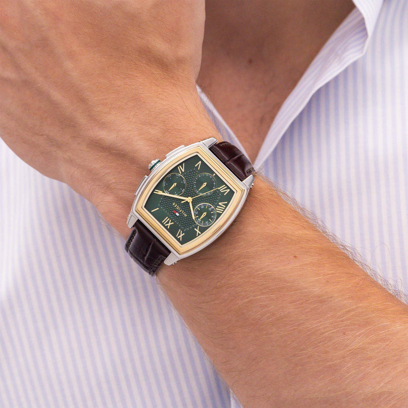 Tommy Hilfiger Dark Brown Leather Green Dial Multi-function Men's Watch