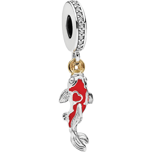 DNR Good Fortune Carp silver and 14k gold hanging charm with clear cz, white and red enamel