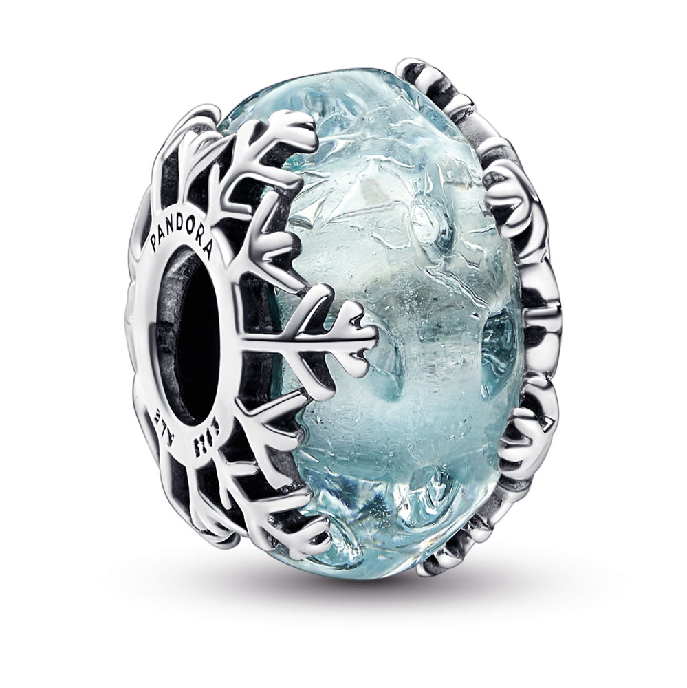Snowflake sterling silver charm with blue frozen Murano glass