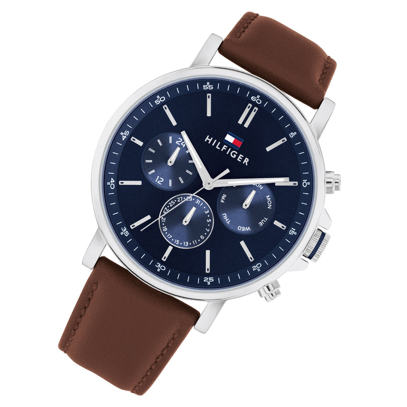 Tommy Hilfiger Brown Leather Navy Dial Multi-function Men's Watch