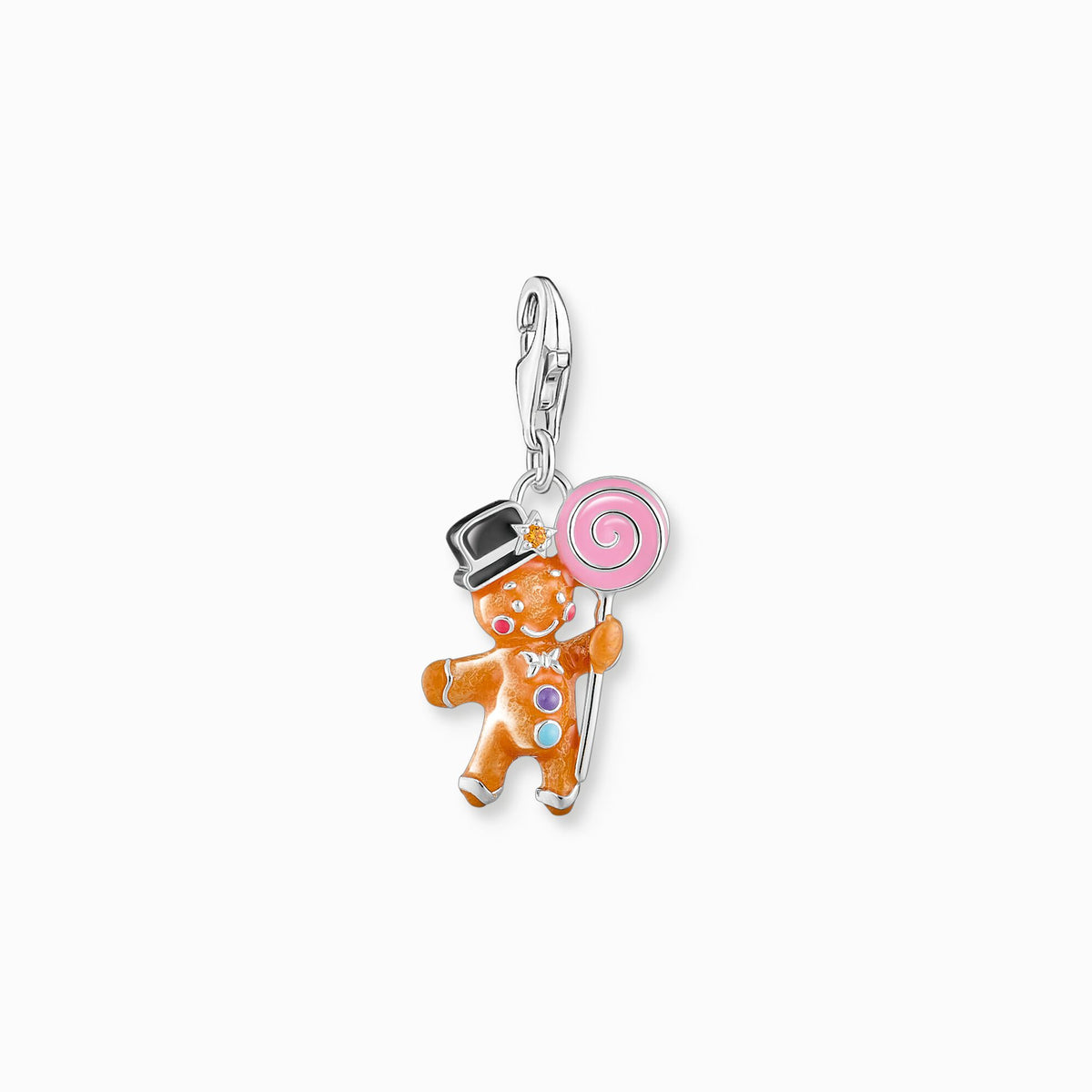 Silver charm pendant gingerbread man with stones and cold enamel