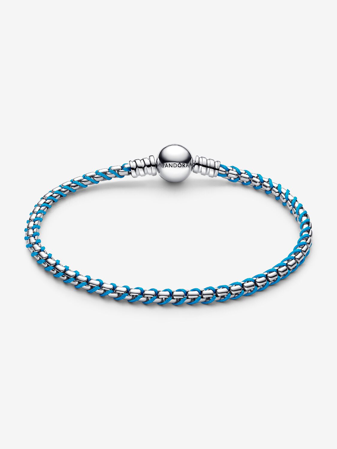 Braided sterling silver box chain bracelet with turquoise textile cord