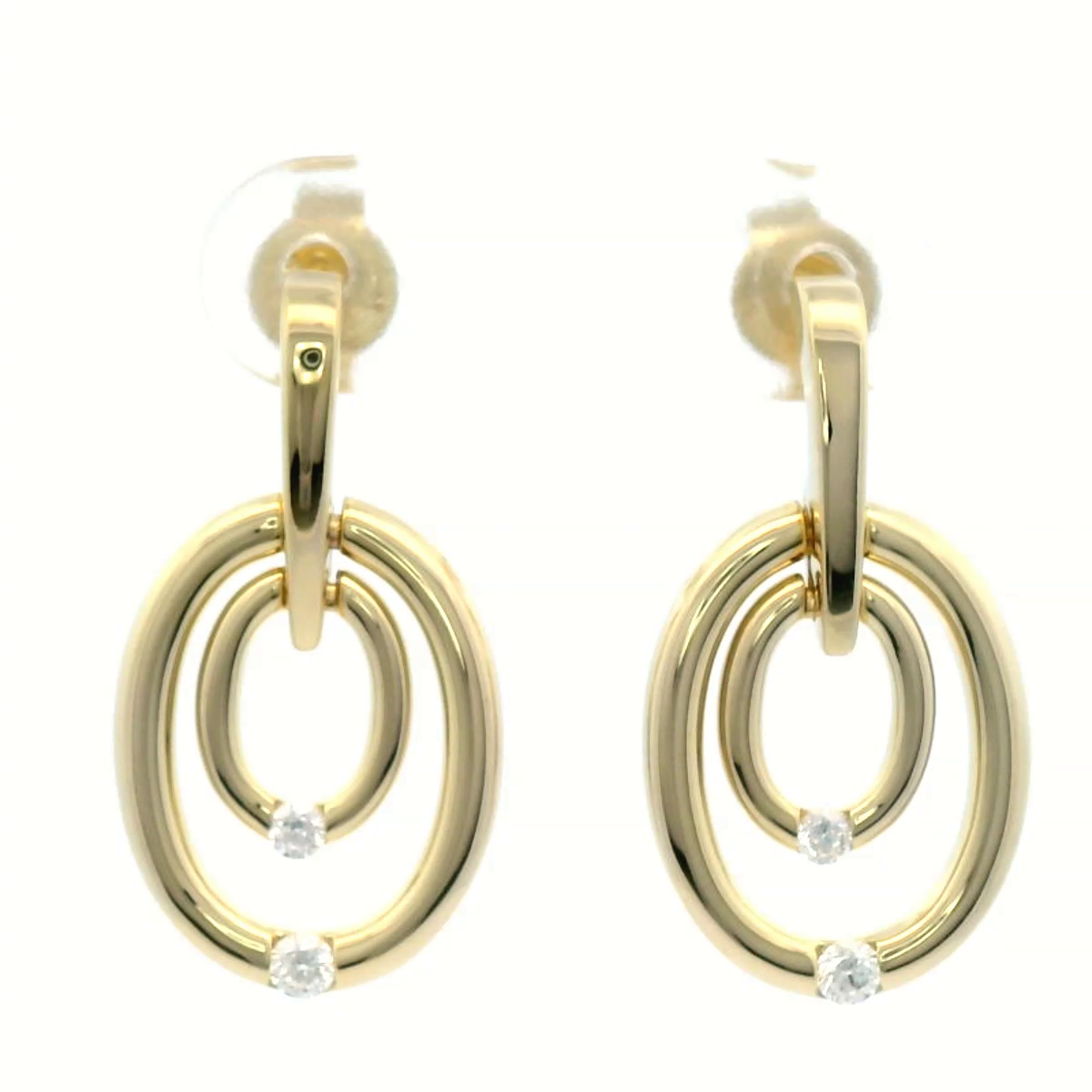 Diamond Double Circle Drop Earrings Set in Yellow Gold