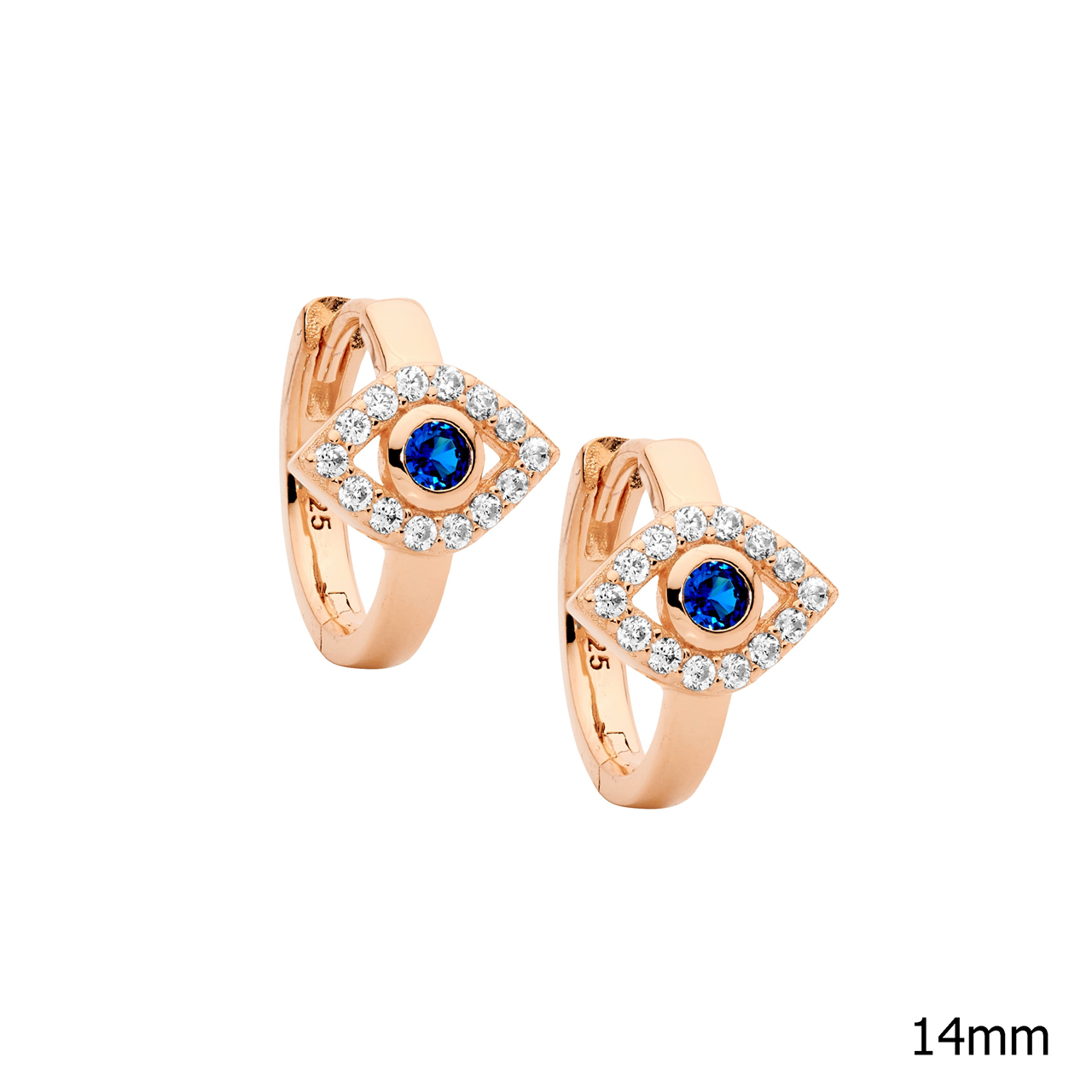 Ellani SS WH & blue CZ evil eye 14mm hoop earrings