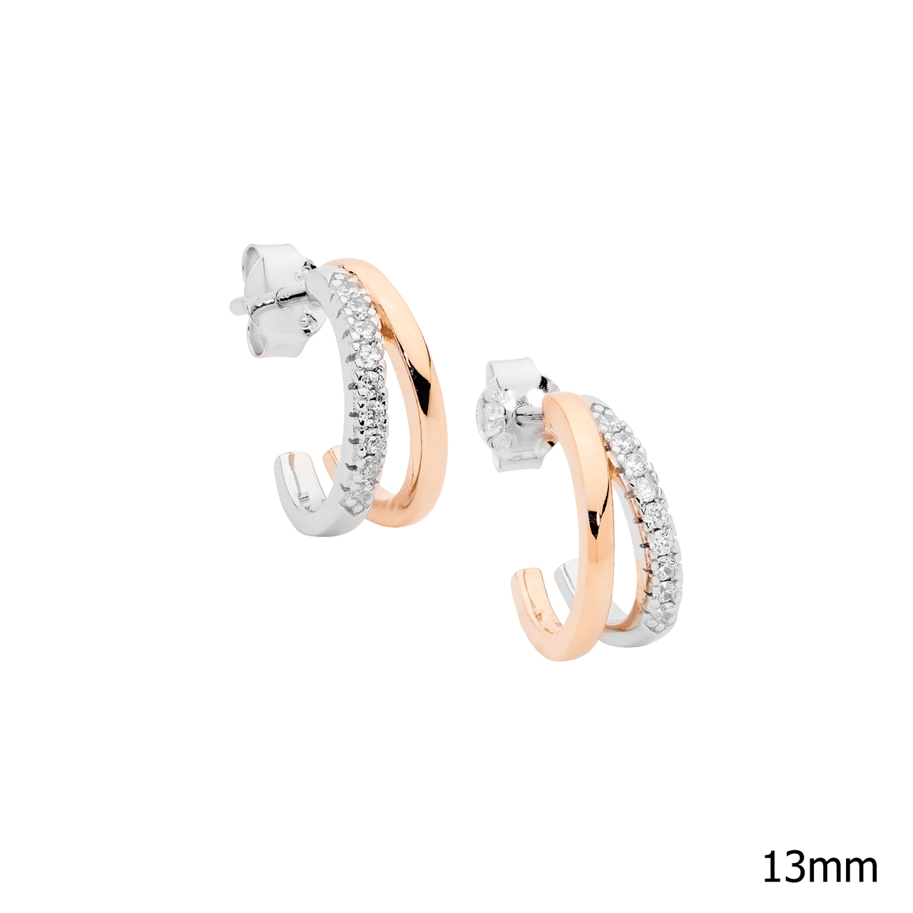 SS 13mm dble split hoop earrings, 1 hoop wh cz