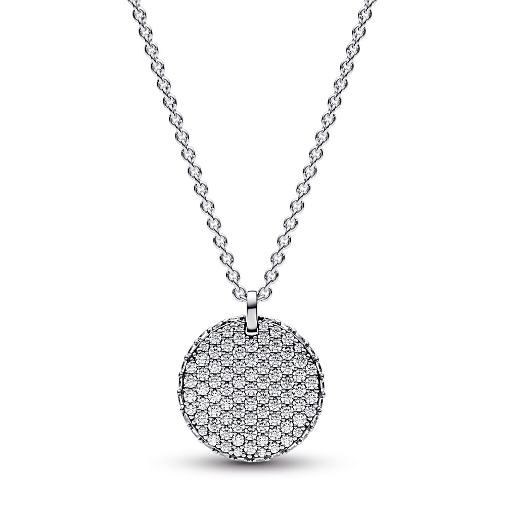 Round disc sterling silver collier with clear cubic zirconia