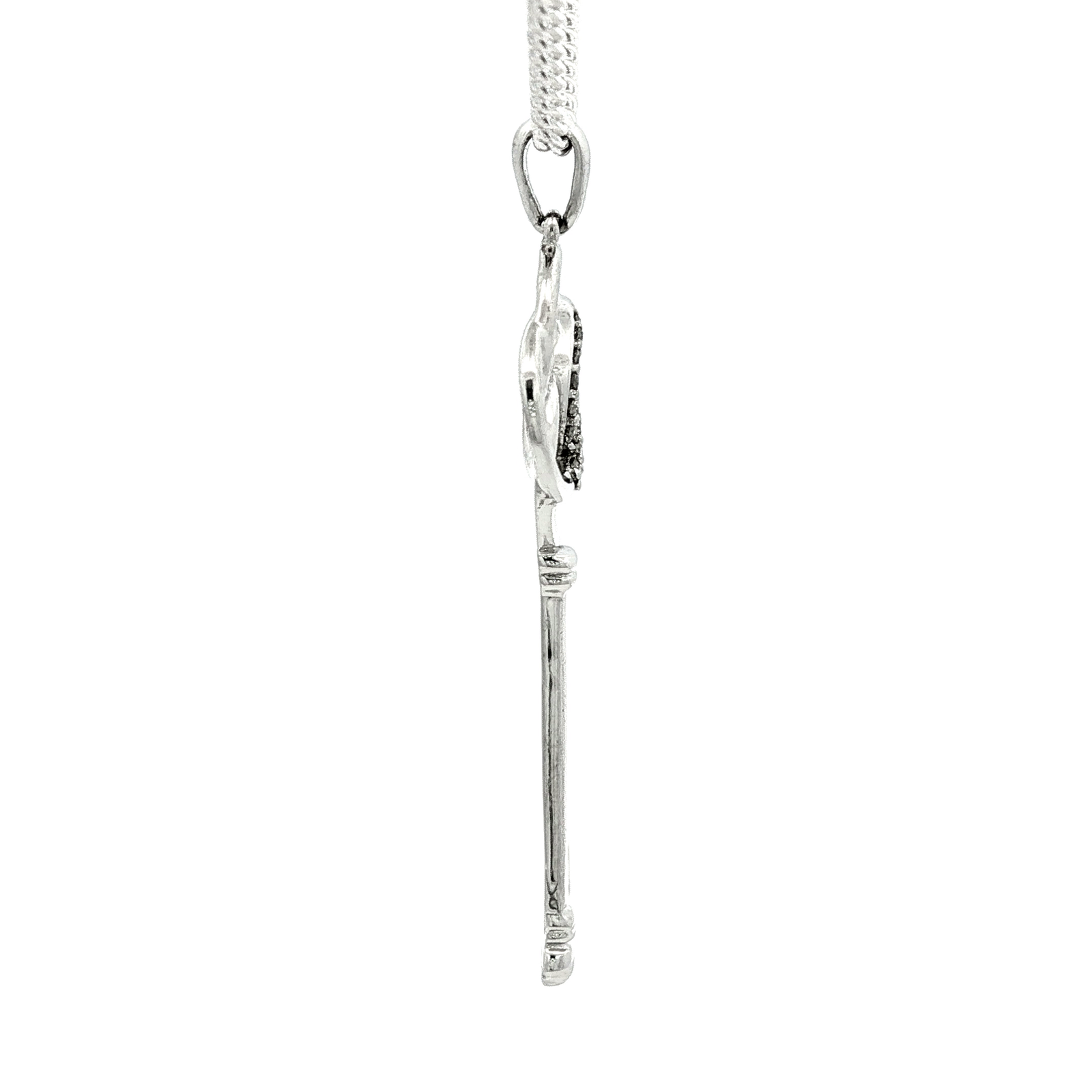 White Gold Plated Silver Key Pendant Necklace with Round Cut Diamonds