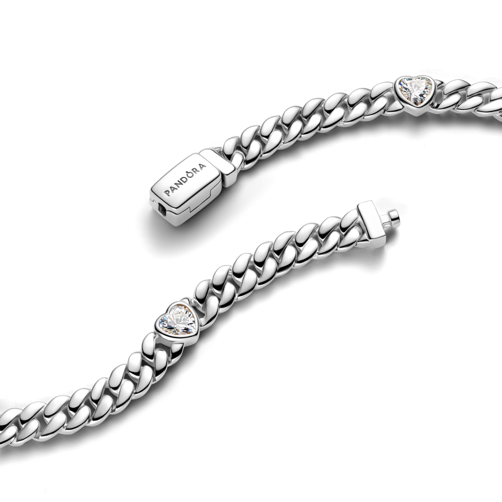 Heart cuban chain sterling silver bracelet with clear cubic zirconia