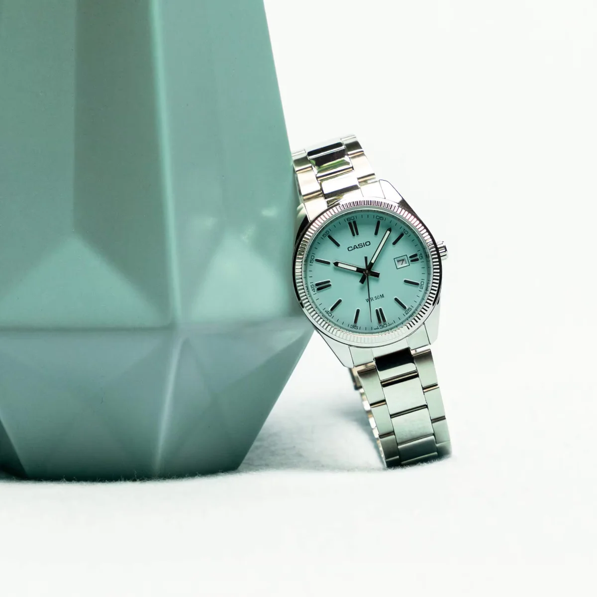 Casio Analog WR Pastel Blue Face Stainless Steel Watch Burrows Jewellers