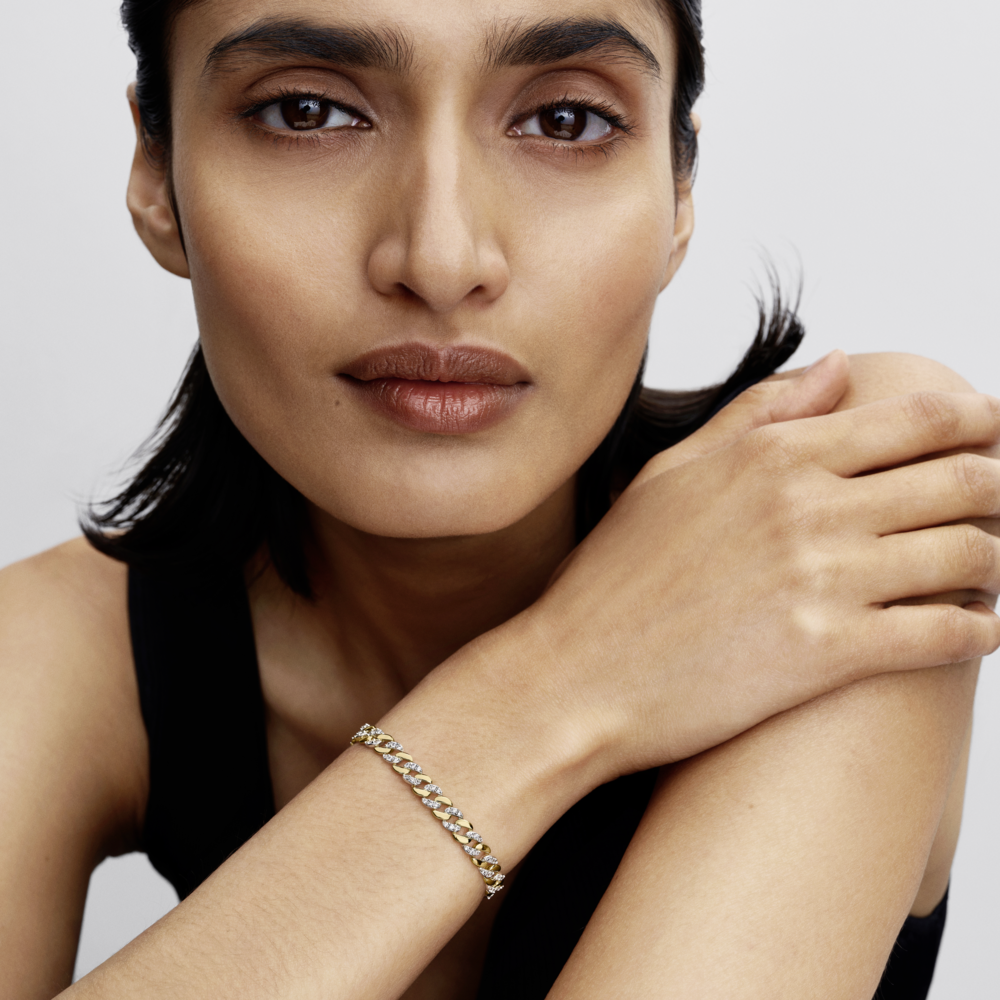 Heart cuban chain sterling silver bracelet with clear cubic zirconia