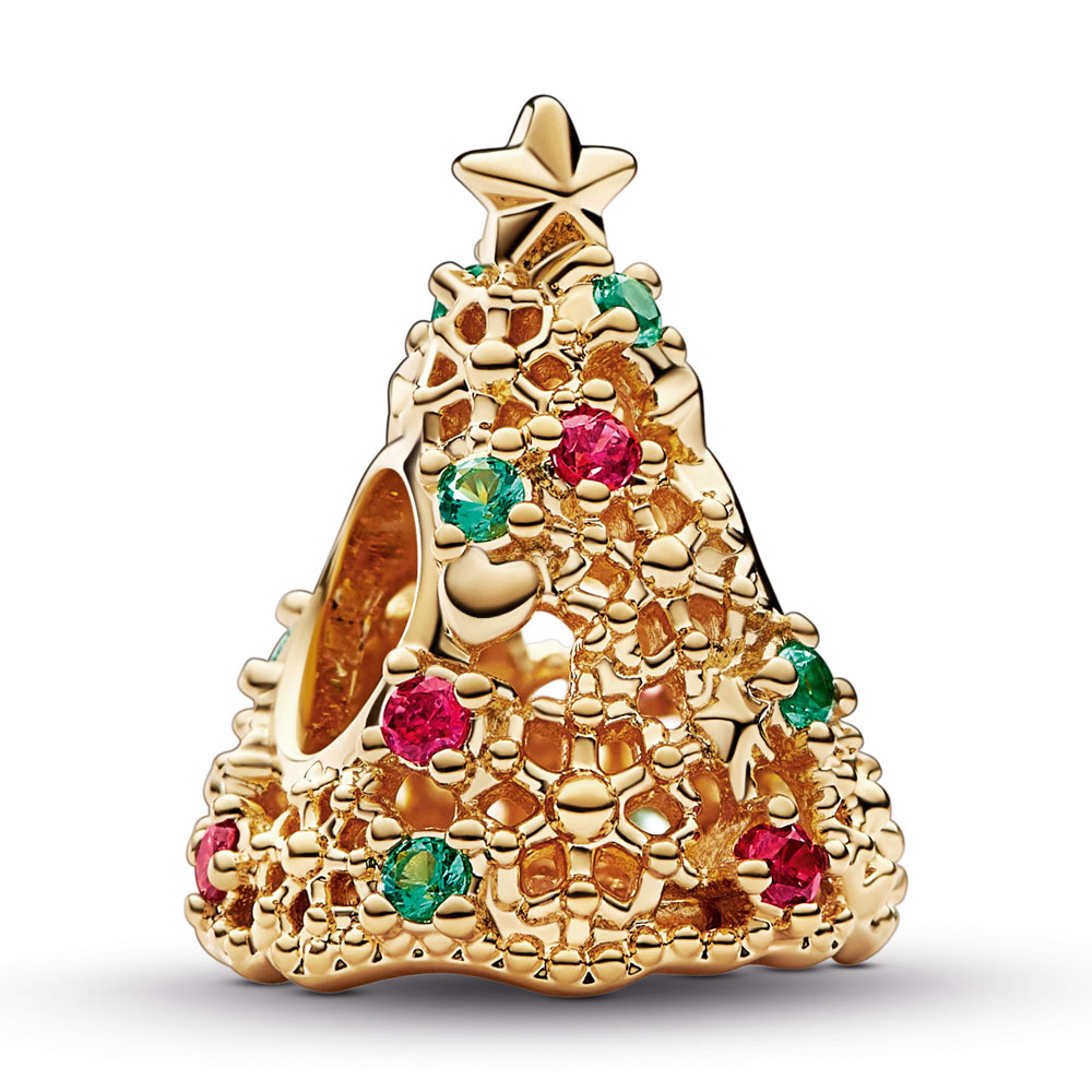 Christmas tree 14k gold-plated charm with aqua green crystal and red cubic zirconia