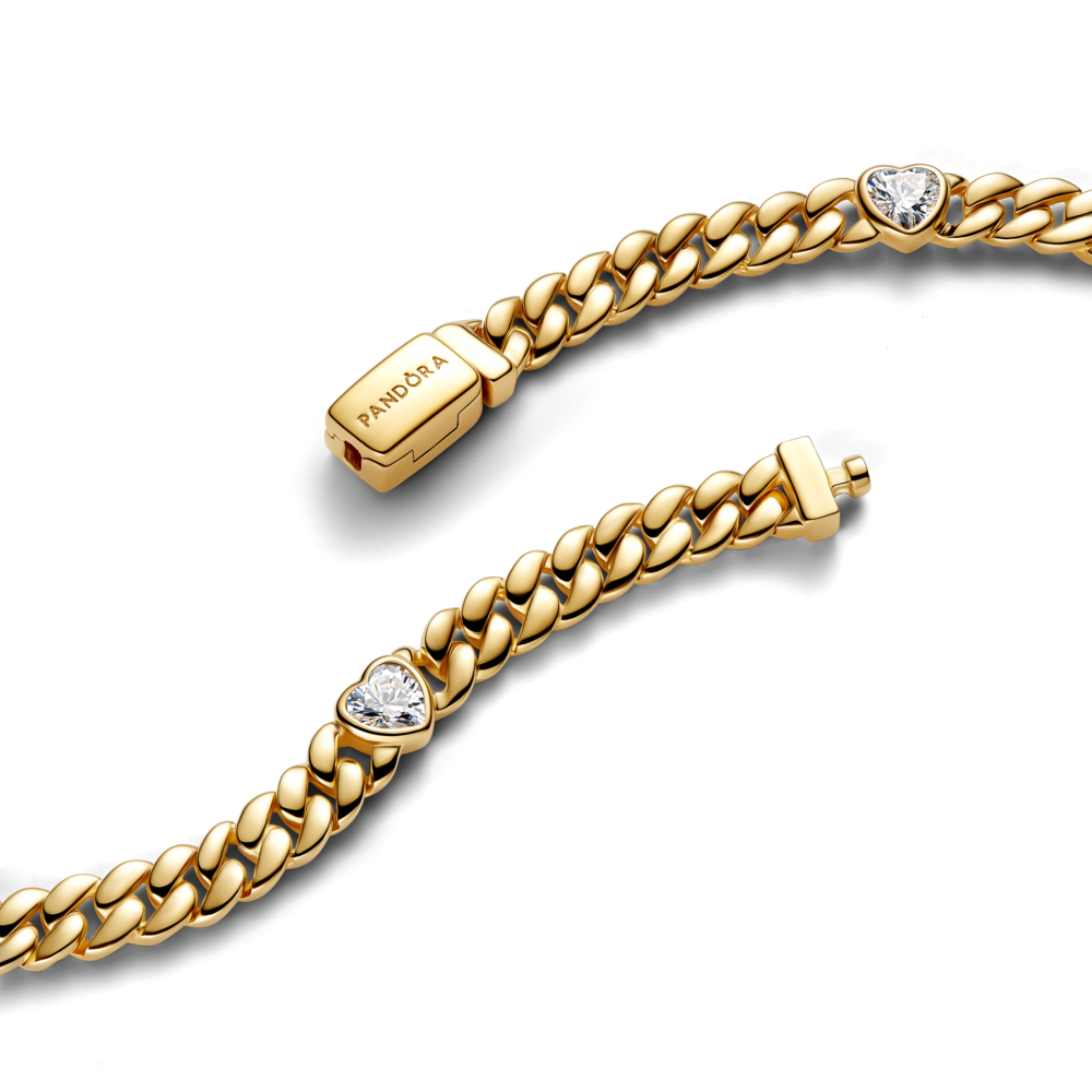 Heart cuban chain 14k gold-plated bracelet with clear cubic zirconia