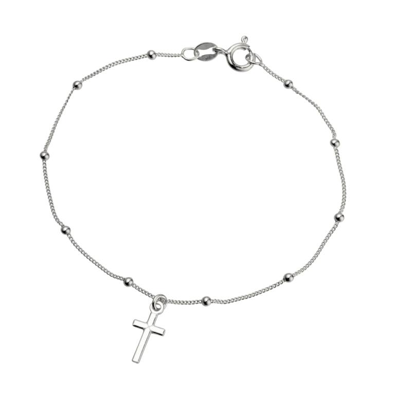 Sterling Silver Cable Chain and 2mm Bead Bracelet with Cross Pendant