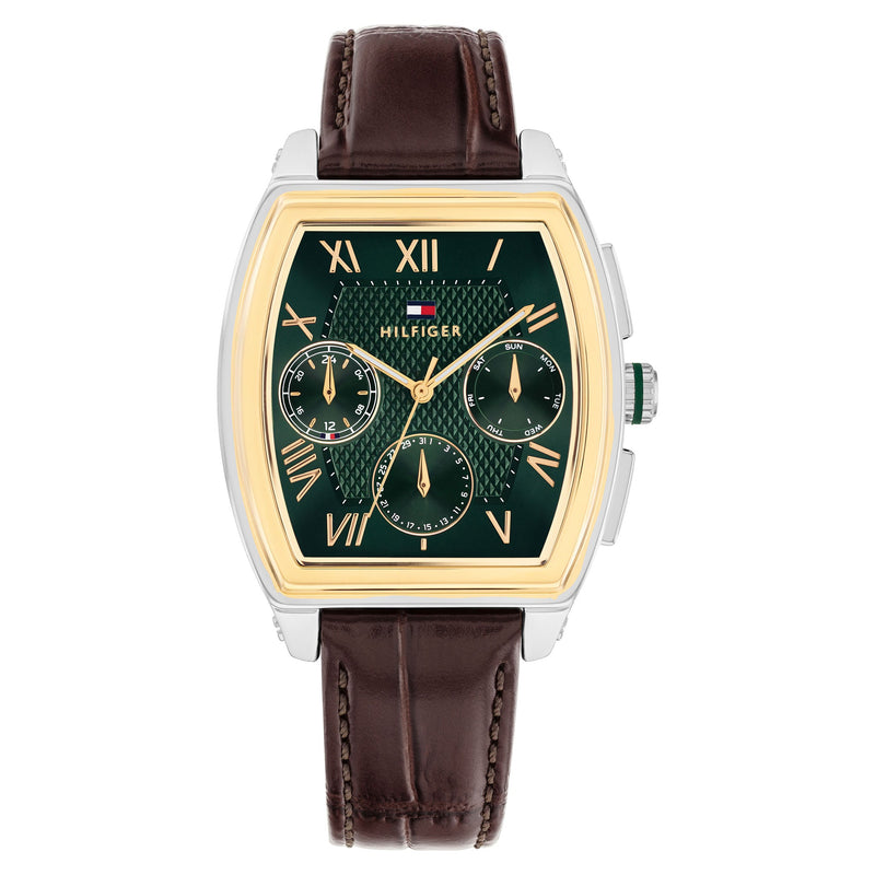Tommy Hilfiger Dark Brown Leather Green Dial Multi-function Men's Watch