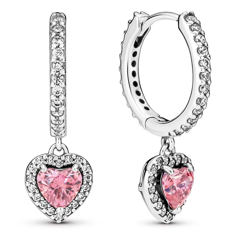 Heart sterling silver hoop earrings with fancy pink and clear cubic zirconia