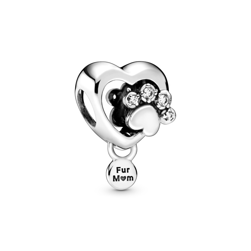 Pandora Sparkling Paw Print & Heart Silver Charm w CZ