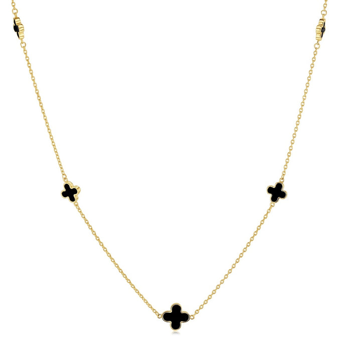 Black Enamel Clover Inspired Necklace in 9 Carat Yellow Gold