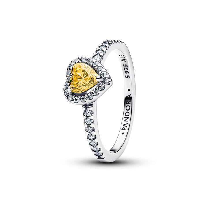 Heart sterling silver ring with vibrant yellow and clear cubic zirconia