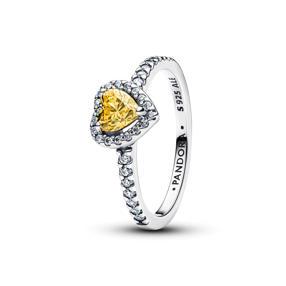 Heart sterling silver ring with vibrant yellow and clear cubic zirconia