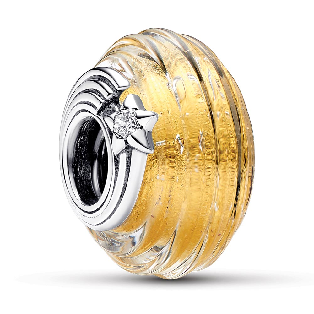 Pandora Shooting star sterling silver charm with clear cubic zirconia, transparent Murano glass and gold foil