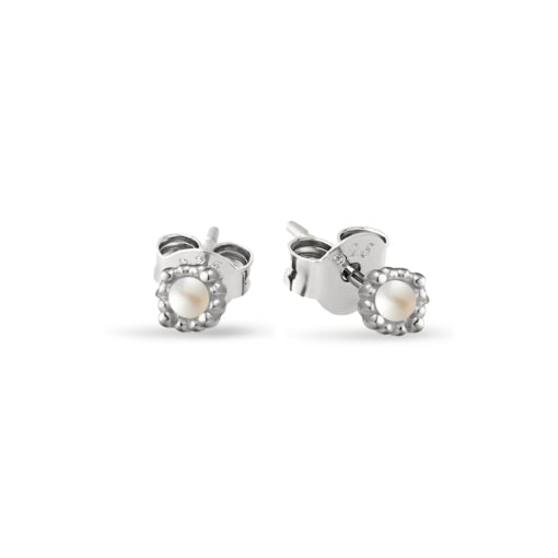 Sterling Silver Bead Framed Pearl Stud Earrings