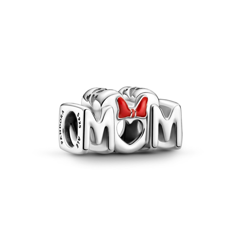 Pandora Disney, Mum Minnie Mouse Bow Silver Charm w Red Enamel