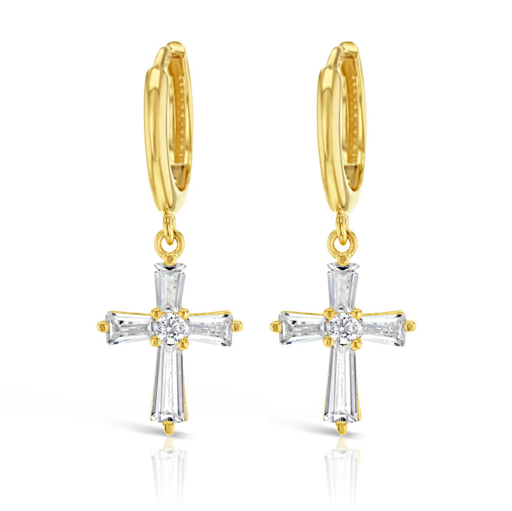 9ct Yellow Gold Fancy CZ Cross on Plain Huggie