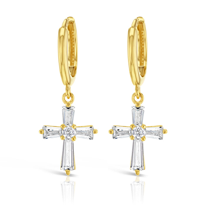 9ct Yellow Gold Fancy CZ Cross on Plain Huggie