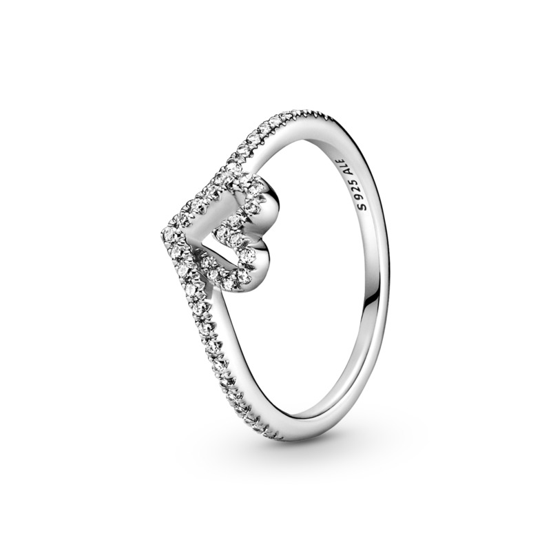 Pandora Sparkling Wishbone Heart Silver Ring w CZ