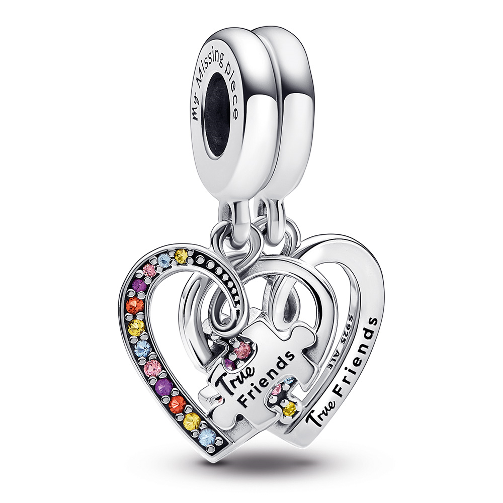 Splitable hearts sterling silver dangle with icy blue, blazing yellow, burnt orange, royal purple crystal and fancy fairy tale pink CZ