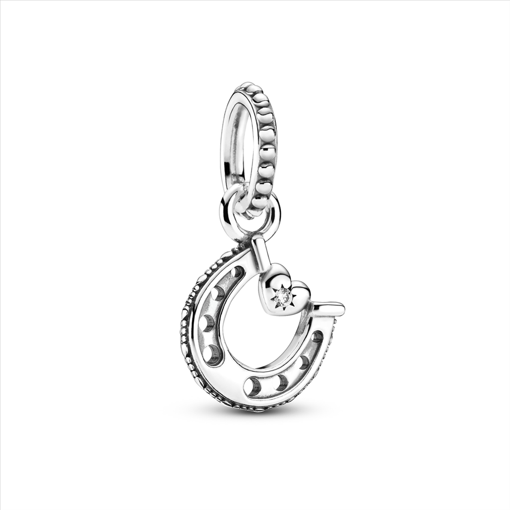 Horseshoe & Heart Silver Hanging Charm w CZ