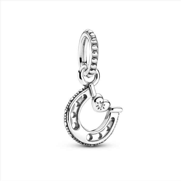 Horseshoe & Heart Silver Hanging Charm w CZ