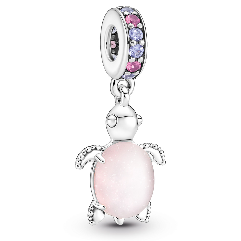 Pandora Sea turtle sterling silver dangle with frosted dichroic pink Murano glass, regal purple and phlox pink crystal