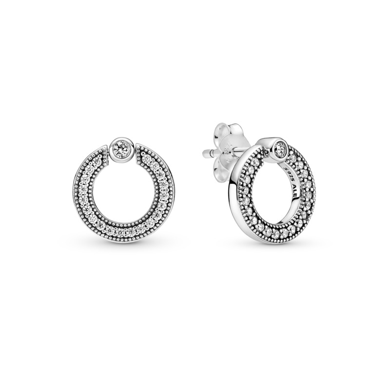 Pandora Logo Reversible Stud Silver Earrings w Clear CZ