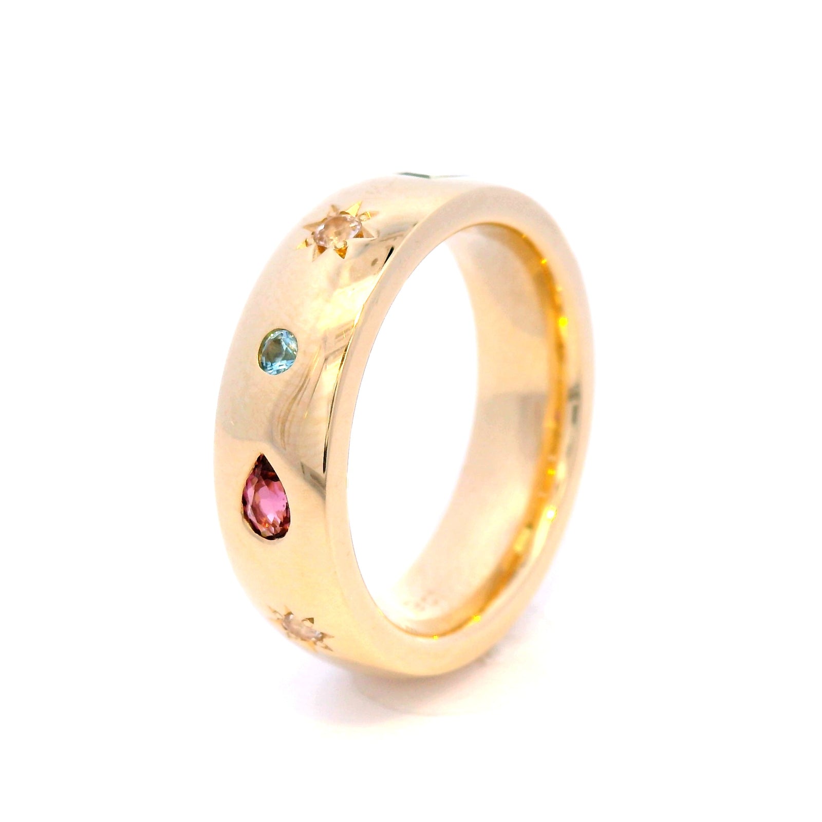 Morganite, Blue Topaz and Pink Tourmaline Dress Ring in Yellow Gold