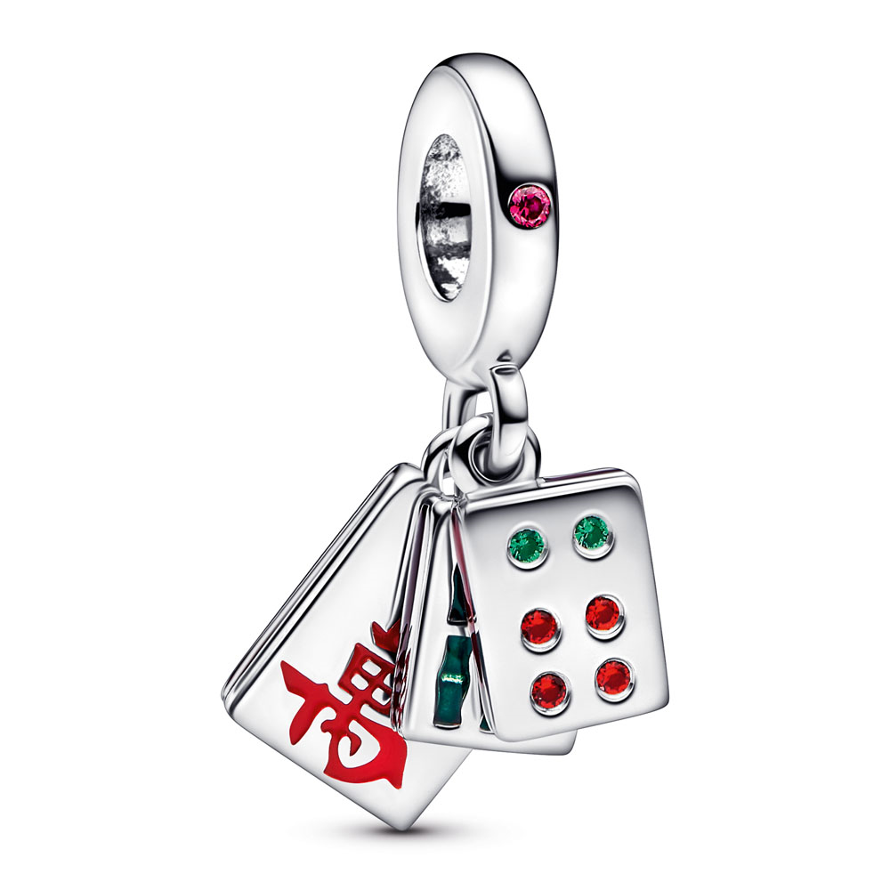Mahjong sterling silver dangle with synthetic ruby, royal green crystal, salsa red crystal, red, black and green enamel