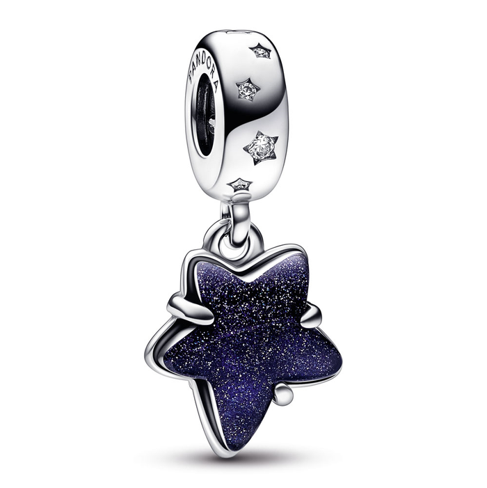 Star sterling silver dangle with clear cubic zirconia and aventurine blue Murano glass