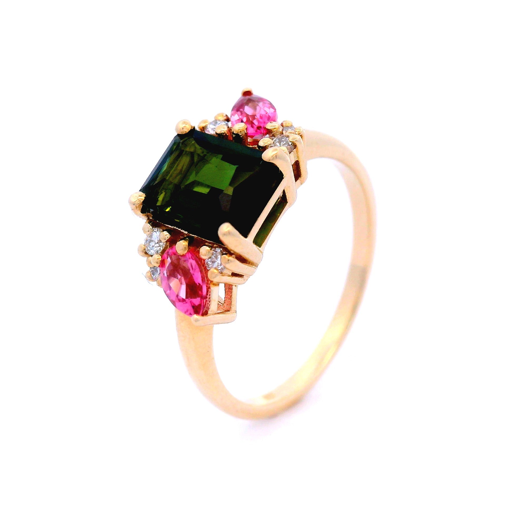 Green and Pink Tourmaline Dress Ring in Yellow Gold