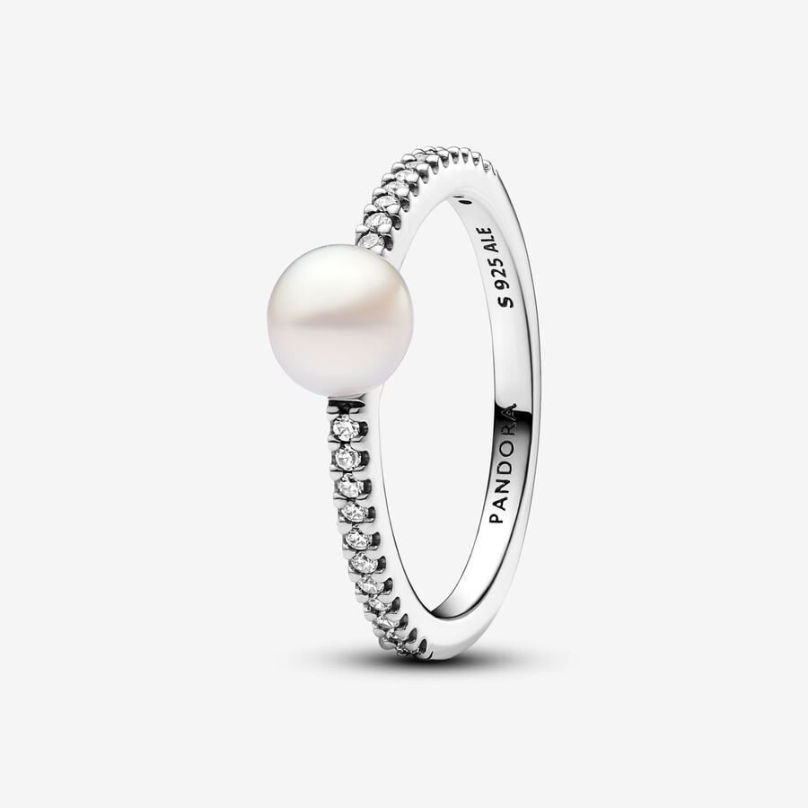 Sterling silver ring with white treated freshwater cultured pearl and clear cubic zirconia