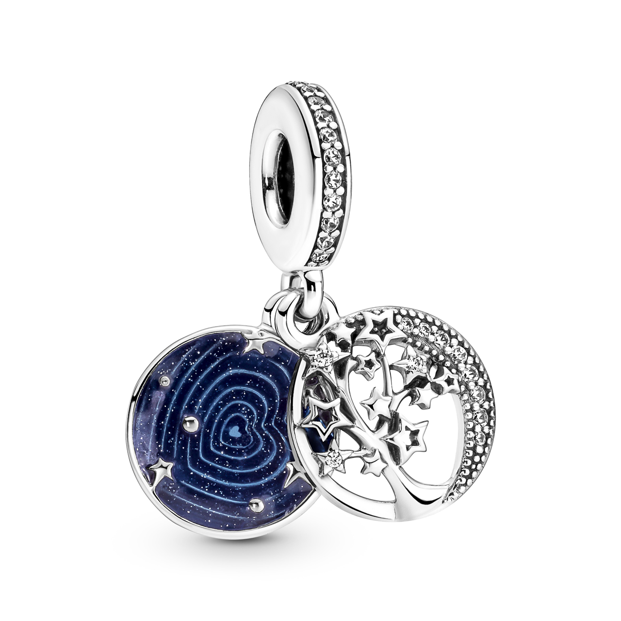 Pandora Star and moon family tree sterling silver dangle with clear cubic zirconia and blue glittery enamel